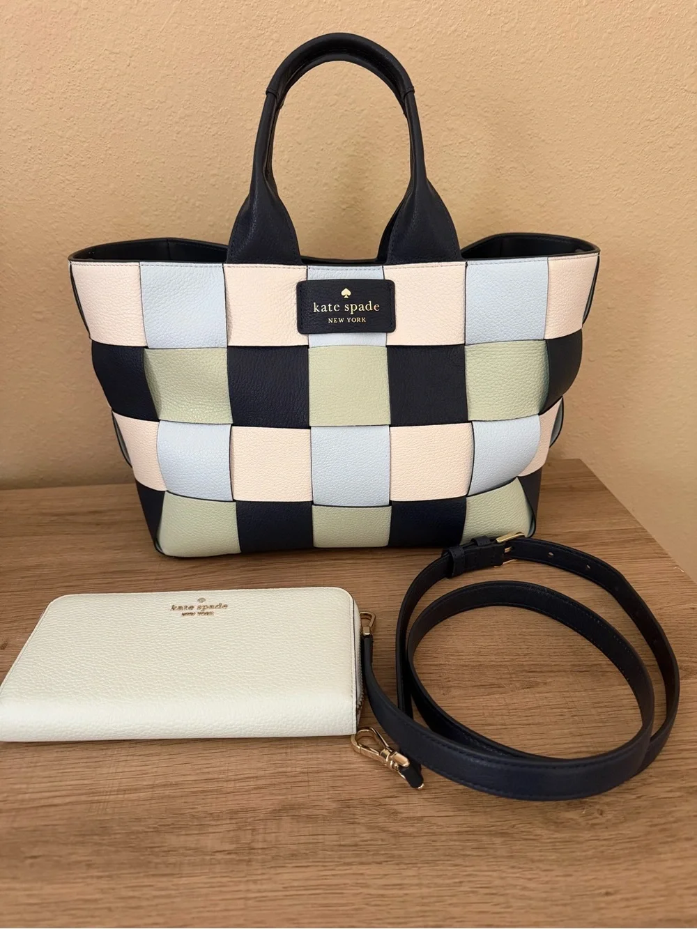 kate spade basket woven pebbled leather bag with large lime wallet